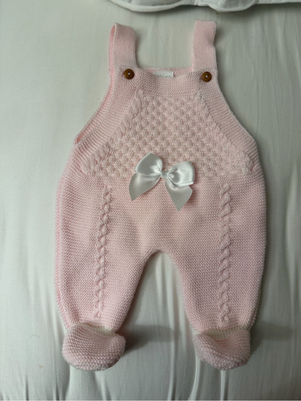 Pink Knit Baby Romper Overalls with Satin Bow Accent